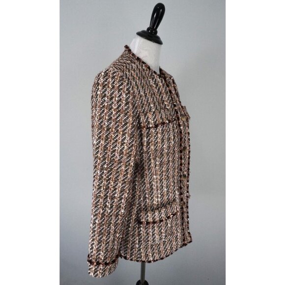 Ann Taylor Brown Fringe Knit Gold Metallic Button Up Textured Blazer Jacket 12 - Picture 4 of 9